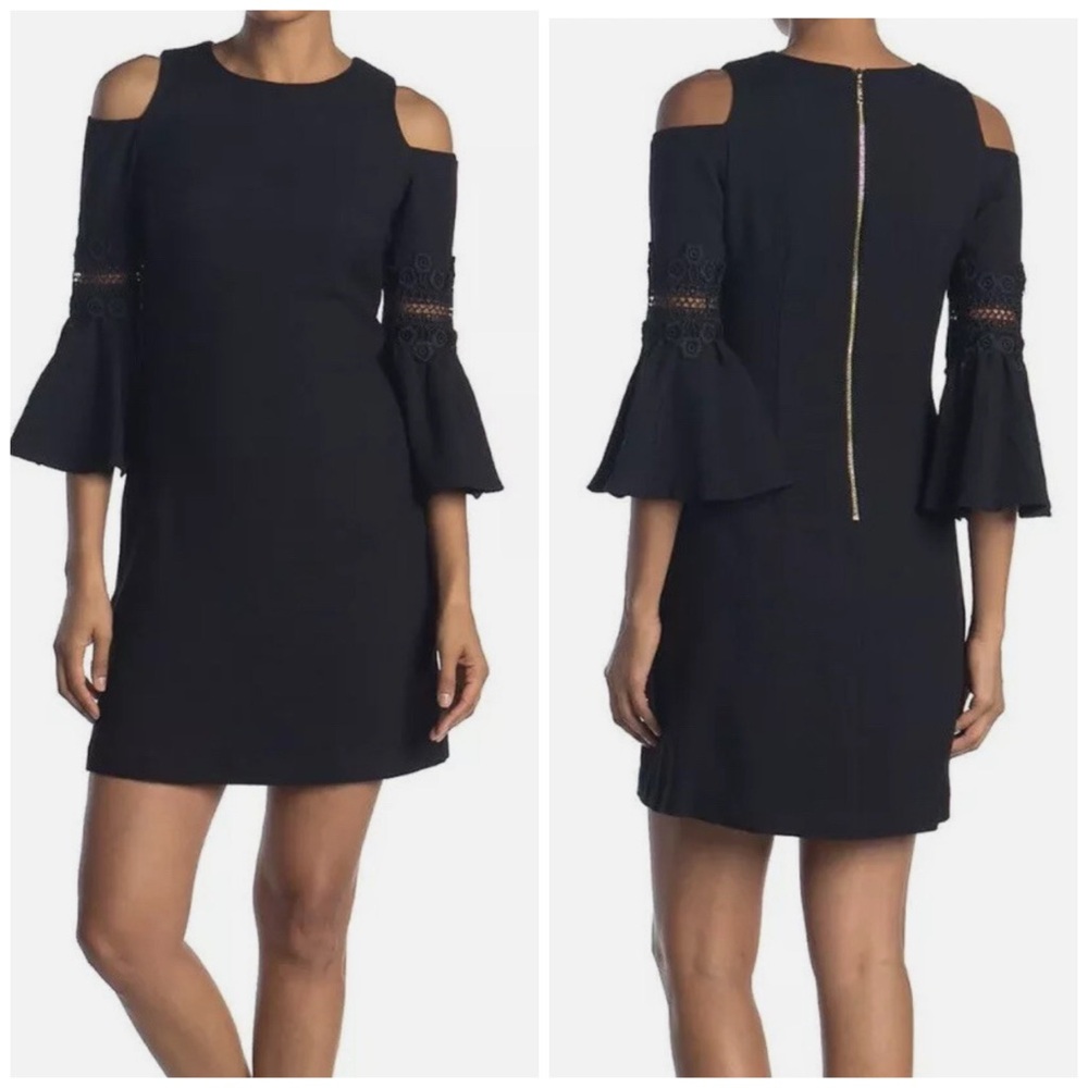 Eliza J Lace Appliqué Crepe Cold Shoulder
Mini Dress Bell Sleeves Black Size 6